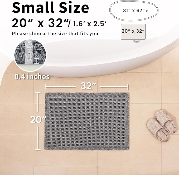 Waffle Bath Mat - Boho Bathroom Rugs Non Slip Washable, Super Absorbent & Quick Dry, Soft Bath Mat Farmhouse Bathroom Decor, 20'' x 32'', Dark Grey