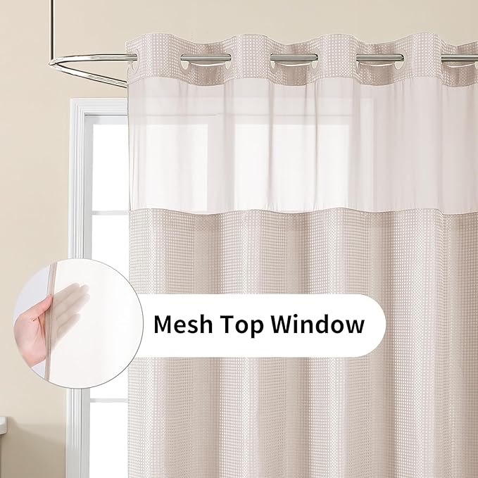 No Hook Shower Curtain with Snap in Fabric Liner, Waffle Weave Heavy Duty Thick Shower Curtains with Mesh Top Window, Hotel Style Waterproof Bathroom Curtain Set, 72 x 75 Inch, Blush Pink