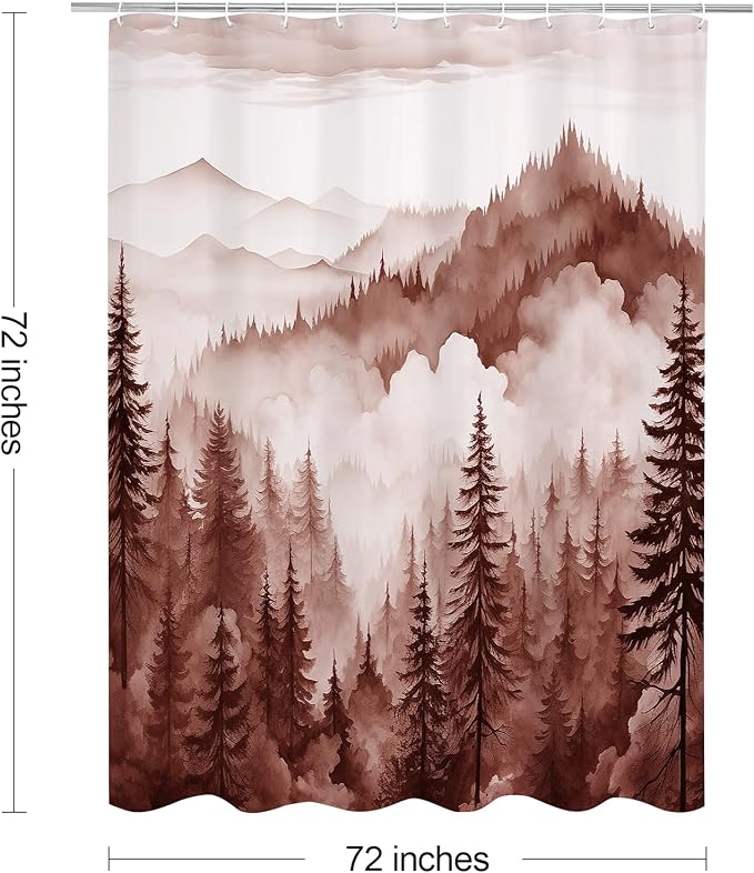 Burgundy Misty Pine Forest Shower Curtain, Mountain Foggy Woodland Scenery Tree Shower Curtains for Chic Rustic Bathroom, Abstract Modern Waterproof Nature-Themed Decor, 72x72 Inches