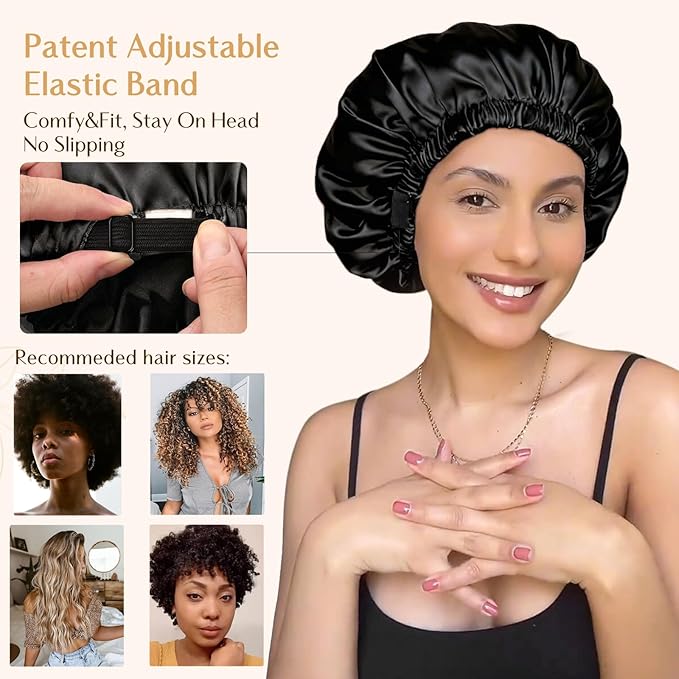 YANIBEST Adjustable Silk Bonnet Double Layer Satin Bonnet Hair Bonnet for Sleeping Bonnets for Women Hats Curly Natural Hair, Black