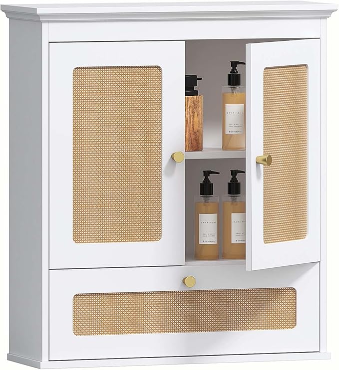 Spirich Bathroom Wall Cabinet Over Toilet, Modern Rattan Medicine Cabinet with Adjustable Shelf, Space-Saving Wall Mount Storage