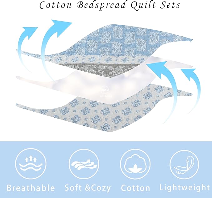 Cotton Quilts Queen Size, Blue Comforter Set, Farmhouse Striped Bedspreads Queen Size,Bohemian Bedding Comforter Sets,All Seasons 3 Pieces