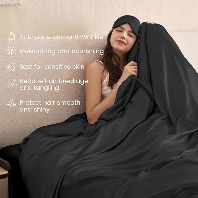 THXSILK 100% Pure Mulberry Silk Duvet Cover Set 3 Piece, 6A+ Grade Luxury Soft Bedding Silk Sheets for Hair and Skin, 1 Pcs Duvet/Quilt/Comforter Cover with 2 Zippered Pillowcases (Black, King)