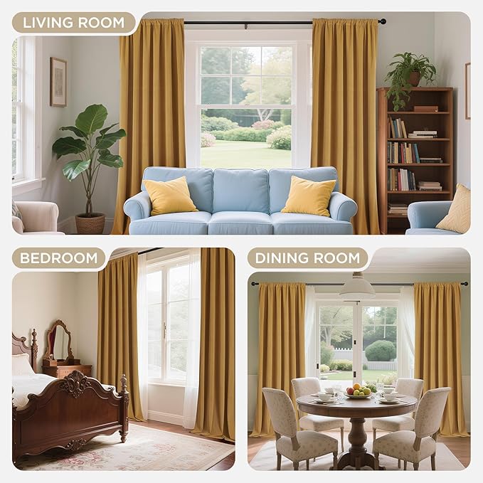 Joydeco Mustard Yellow 100% Blackout Curtains 96 Inch 2 Panels, Luxury Thermal Yellow Velvet Curtains for Bedroom Living Room, Soundproof Blackout Window Drapes, Grommet Top (52W x 96L)