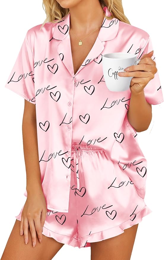 HOTOUCH Womens Satin Pajamas Set Button Down 2 Piece Silk Pjs Shorts Set Ruffle Lingerie Notch Collar Sleepwear