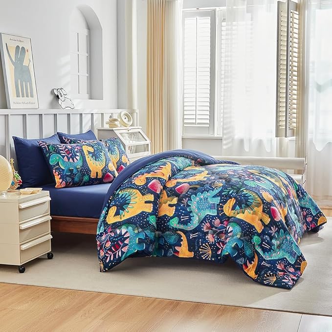 Wajade 7 Piece Dinosaur Comforter Set for Boys 3D Blue Dinosaur Print Bedding Set for Kids Teens Bed in A Bag Queen Size (1 Comforter, 1 Flat Sheet, 1 Fitted Sheet, 2 Pillowcase and 2 Pillow Sham)