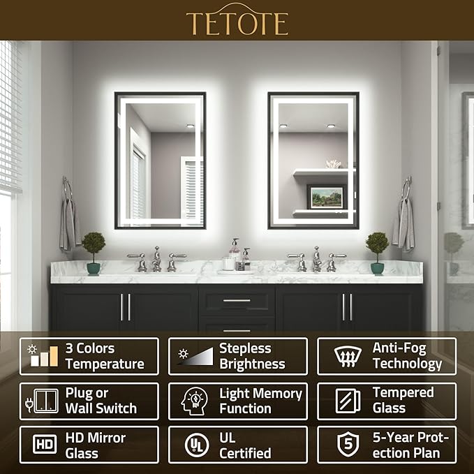 TETOTE 55 x 36 Bathroom LED Mirror Brushed Black Metal Frame Frontlit & Backlit Vanity Mirror Stepless Dimmable Anti-Fog 3 Colors White/Warm/Natural Light up Vanity Wall-Mounted