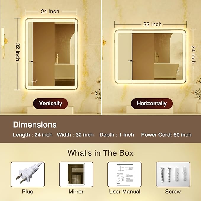 24"x32" LED Bathroom Mirror with Front and Backlight, Rounded Corner Frameless, Dimmable Vanity Mirror with Lights, Anti-Fog, Smart Mirror for Bathroom