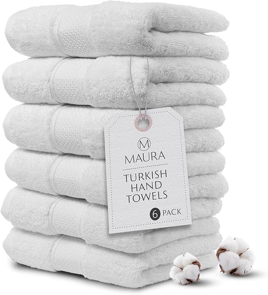 MAURA White Hand Towels for Bathroom. Luxury Turkish Cotton Bath Hand Towels Set of 6. Ultra-Soft, Thick & Plush - White