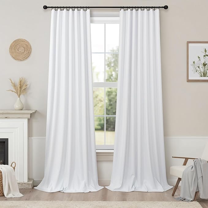 White Blackout Curtains 96 Inches Long 2 Panel Burg for Bedroom Thermal Insulated Total Black Out Boho Extra Wide Window Drape for Living Room Thick Linen Textured Soundproof Back Tab 8ft 52x96 Length