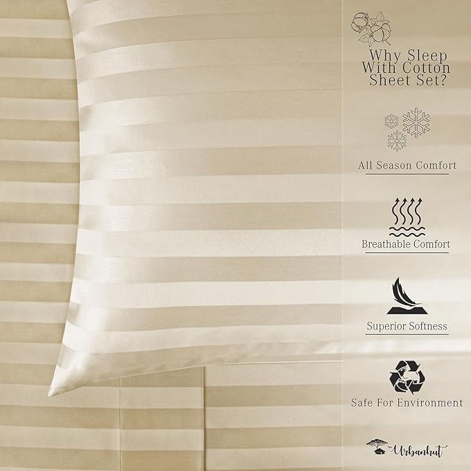 URBANHUT 1000 Thread Count Pure Cotton California King Striped Sheets Set (4 Pc) - Ultra Soft & Smooth, Thick & Crisp Sateen Weave Calking Striped Bedsheets with 16" Deep Pockets - Sand.