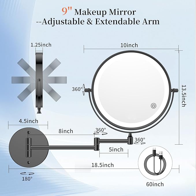 FUNTOUCH 9" 1X/30X Wall Mounted Lighted Makeup Mirror, 4500mAh Rechargeable Double Sided Magnifying Mirror with Light, 3 Color Lights,Touch Dimmable, 360 Rotation Extended Arm for Bathroom,Black