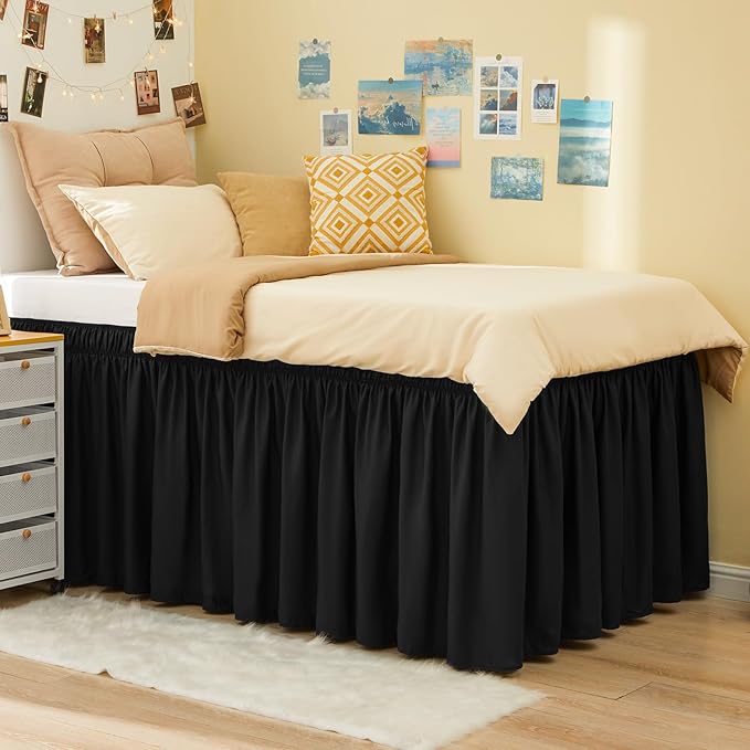 RIMELA Black Bed Skirt Twin 32 Inch Drop Silky Luxurious Fabric, Wrinkle and Fade Resistant with Adjustable Elastic Belt Easy to Install Machine Washable Dust Ruffles Bedskirt for Matress Box Spring