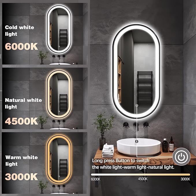 32"x20" Oval LED Bathroom Mirror with Lights, Black Anti Fog Lighted Vanity Mirror Wall Mounted, Stepless Dimmable LED Oval Mirror, Memory, ShatterProof, Front/Backlit, Horizontal/Vertical