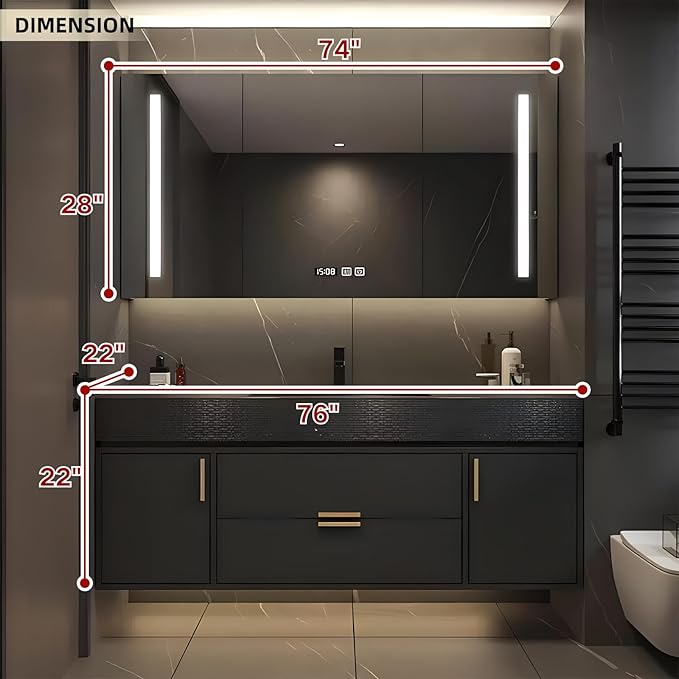 Bathroom Vanity, Floating Bathroom Vanity with Single Sink, Solid Wood Bathroom Vanities Includes LED Smart Defogging Mirror Cabinet & One-Piece Sink, Modern Vanities with 2 Drawer Storage (Black,76")