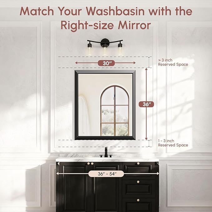 USHOWER Black Bathroom Mirrors for Over Sink, 30x36 Inch Beveled Rectangular Bathroom Vanity Mirror, Brushed Thick Aluminum Framed, Anti-Rust, 4mm Copper-Free Silver Wall Mirror