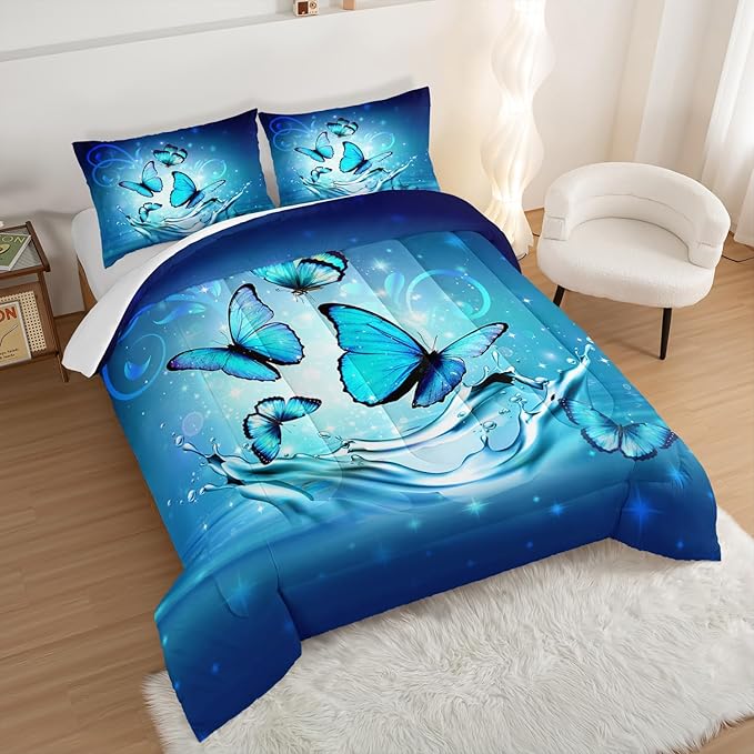 Fantasy Blue Butterfly Comforter Set Full Size,Butterflies on Water Flash Bedding Sets 3 Pieces,Blue Series Aesthetic Bedding for Kids Girls Boys Room Decor with 2 Pillowcases.