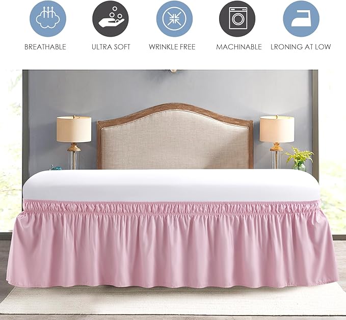 FreshCulture Queen Bed Skirt, Elastic Wrap Around Bed Skirt Queen Size, Bed Skirts for Adjustable Bed, Easy Fit with 18 Inch Drop Length, Hotel Quality Dust Ruffle for Queen Bed (Dusty Pink)