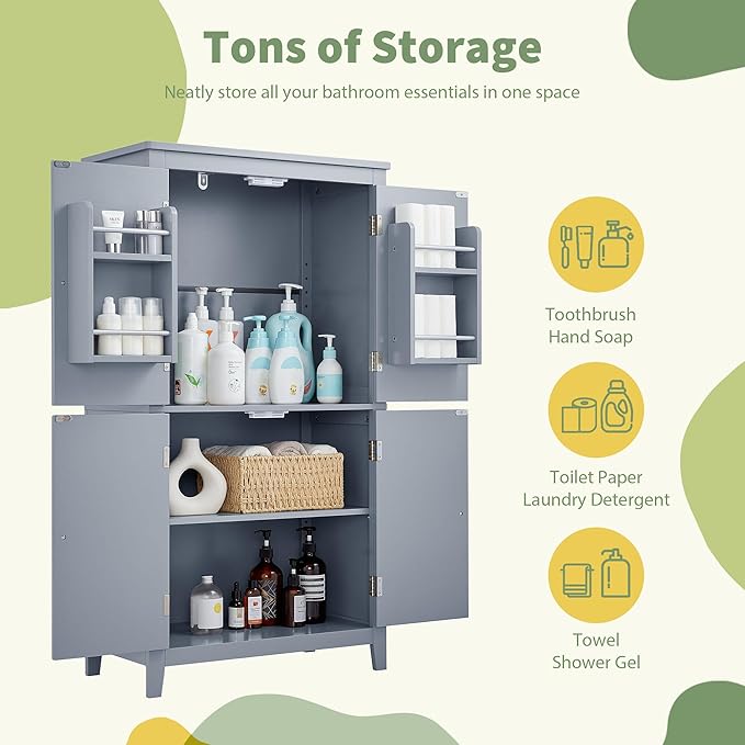 Freestanding Storage Cabinet with 4 Doors,Elegant Organizer Unit with Adjustable Shelves, Sturdy MDF Frame, Anti-Tipping Design, Large Capacity for Bathroom, Kitchen, Office, Home, Grey