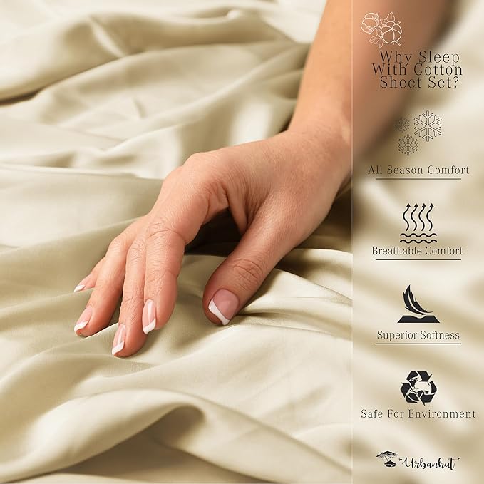 URBANHUT 1000 Thread Count Full Size Egyptian Cotton Sheets, Long Staple Soft & Breathable, 4 Pc Bed Sheet Sets, Luxury Hotel Sateen Sheets Fits 16" Deep Pocket - Sand