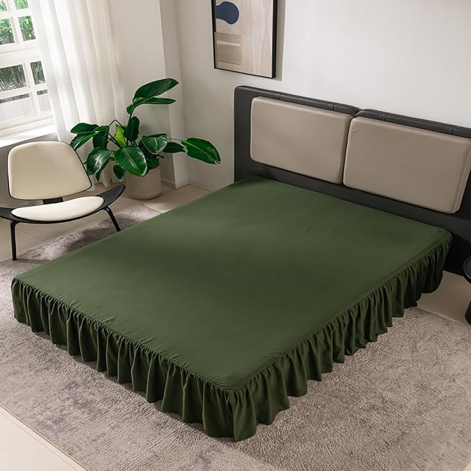 Green Bed Skirt Queen Size Ruffled Bed Skirt with Split Corners, Queen Bed Skirt 12 Inch Drop, TSUTOMI Queen Size Bed Skirt Green for Ruffled Bed Skirt with Split Corners, Bed Skirt Queen Size