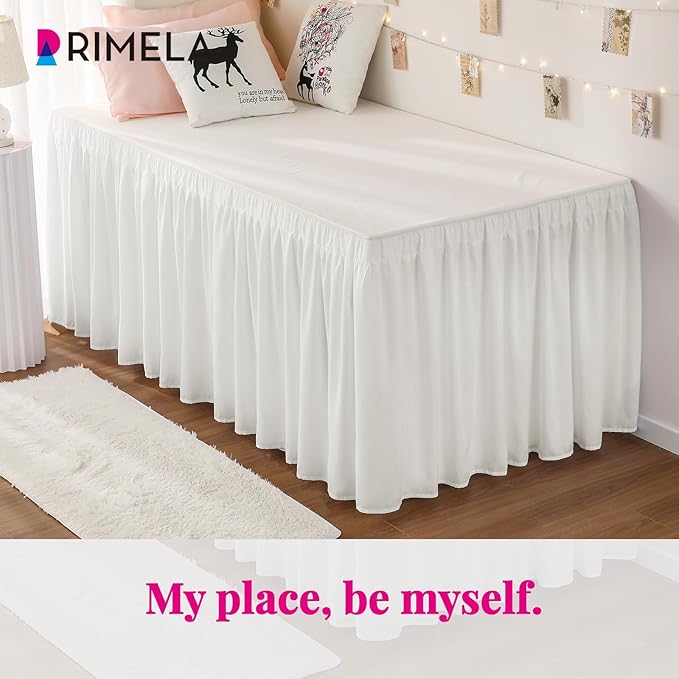RIMELA Dorm Bed Skirt Twin XL 46 Inch Drop, Easy to Install Extra Long Wrap Around Elastic Dust Ruffle, Warm White Bedskirt Solid Silky Fabric Machine Washable (Twin XL 80“L x 39”W & Twin 75“L x 39”W)