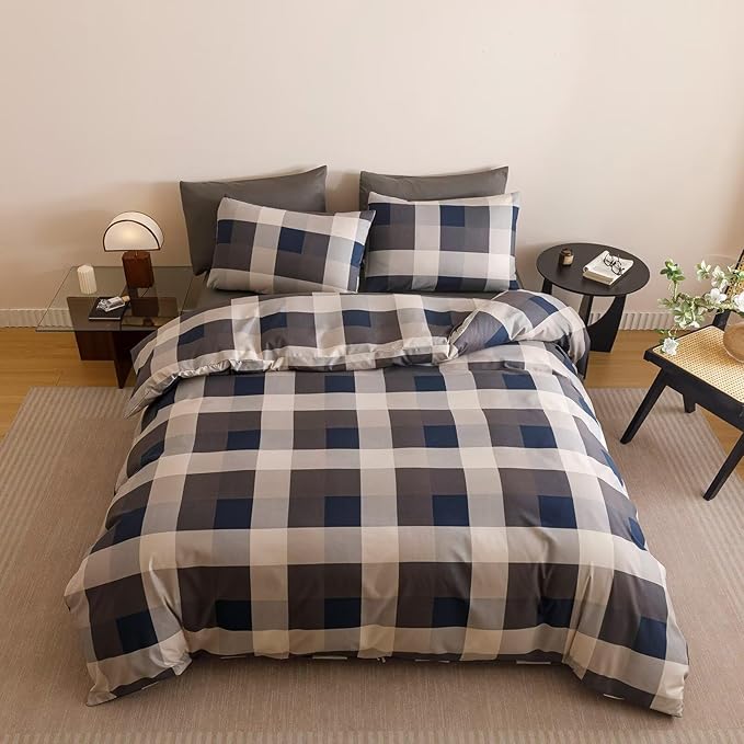 Cottonight Checkered Navy Comforter Set Cal King Gingham Grid Bedding Set Navy and Khaki Grid Comforter Fluffy Soft Blanket Quilts Modern Cottagecore Comforter California King Bed