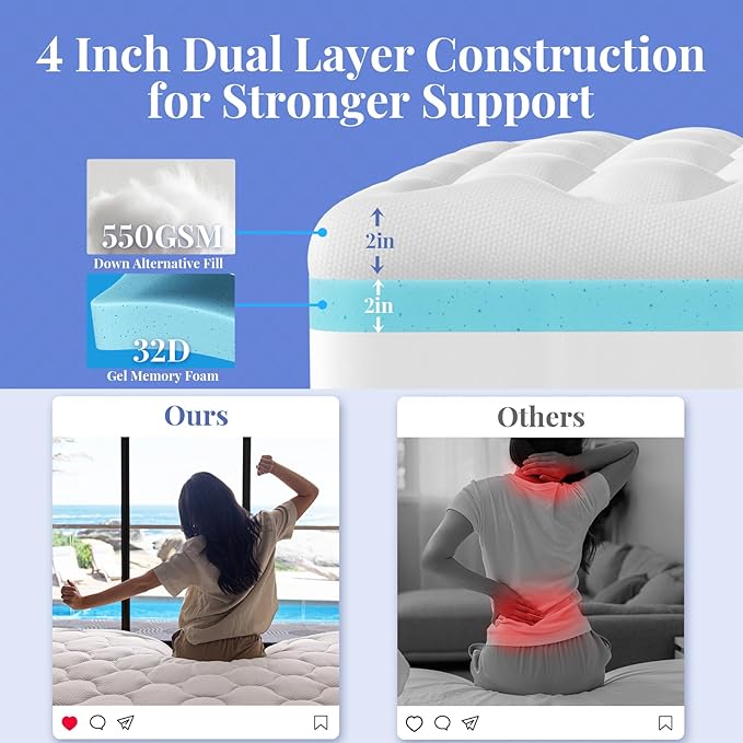 OhGeni Cooling 4 inch Dual Layer Twin XL Mattress Topper for College Dorm Room Essentials, 2 inch Gel Memory Foam, 2 inch Down Alternative Pillow Top Pad, Mattresses Cover for Bed, 6”-19” Deep Pocket