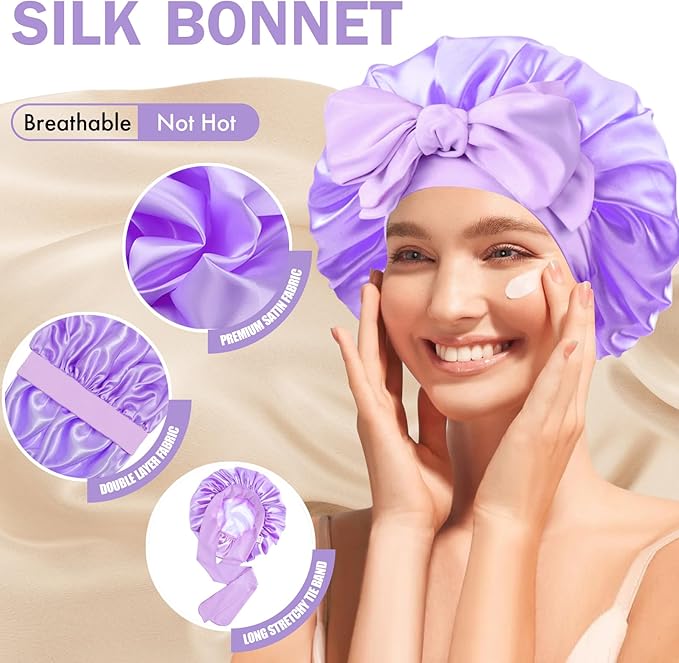Silk Bonnet for Sleeping Women, Adjustable Soft Satin Lined Bonnet with Tie Band, Double Layer Sleep Night Cap