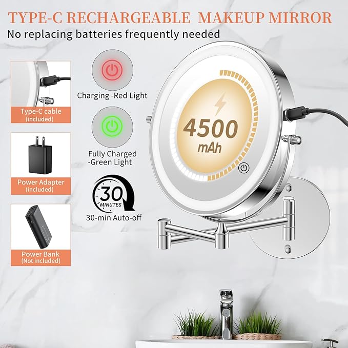 FUNTOUCH 9" 30X/1X Magnifying Wall Mounted Makeup Mirror, 4500mAh Rechargeable Double Sided Mirror with Light, 3 Color Lights,Touch Dimmable, 360 Rotation Extended Arm for Bathroom,Chrome