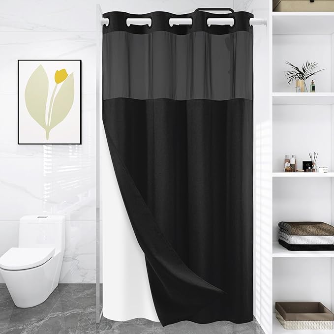 Small No Hook Shower Curtain with Snap in Liner, Polyester Textured Shower Curtain with Liner Set, Waterproof Washable Hotel Style Shower Curtains for Bathroom, 54Wx80H, Black