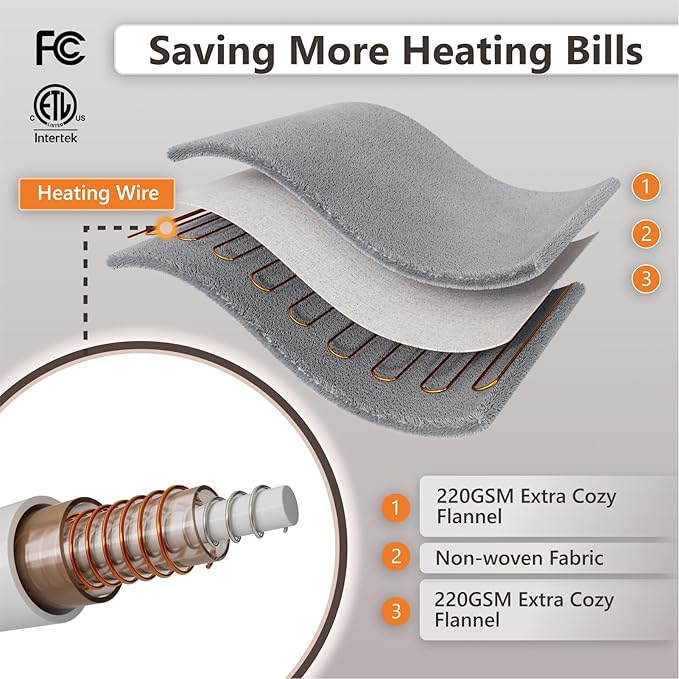 Wapaneus Heated Blanket Electric Throw 72" x 84" Full Size with 10 Heating Levels 12 Hours Time Setings and Auto-Shut Off, Flannel Fast-Heating Electric Blanket, Dark Grey