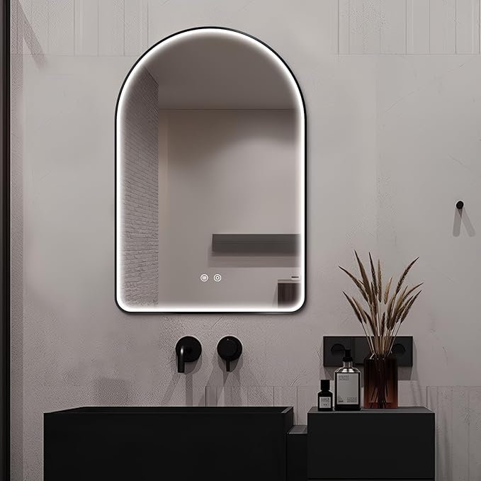 Niccy Arched LED Bathroom Mirror, 36"x24" Black Framed Arch Wall Lighted Mirrors, Arching Frontlit Vanity-Mirror with Memory Function for Bathroom Bedroom, Defogger and 3 Color, Explosion-Proof