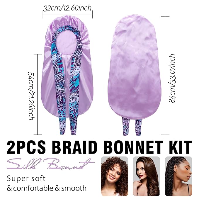 2Pcs Bonnets for Black Women Braid Bonnet, Large Long Satin Silk Bonnet for Braids,Black Women Braid Bonnet with Stretchy Tie Band for Sleeping Extra Long (Black&Light Purple Pattern