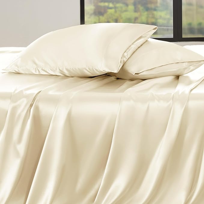 Bedsure Satin Sheets Queen Size - 4 Piece Silky Bedsheets with 15 Inches Deep Pocket Fitted Bedsheet,1 Flat Sheet, 2 Satin Pillowcases, Good for Hair & Skin (Queen, Cream)