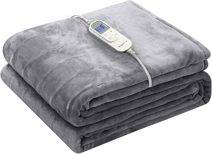 Wapaneus Foot Pocket Heated Blanket Electric Throw with 10 Heating Levels and 4 Timer Settings 4 Hours Auto Shut Off, Flannel Fast-Heating Heated Throw 50" x 60", Machine Washable,Light Grey