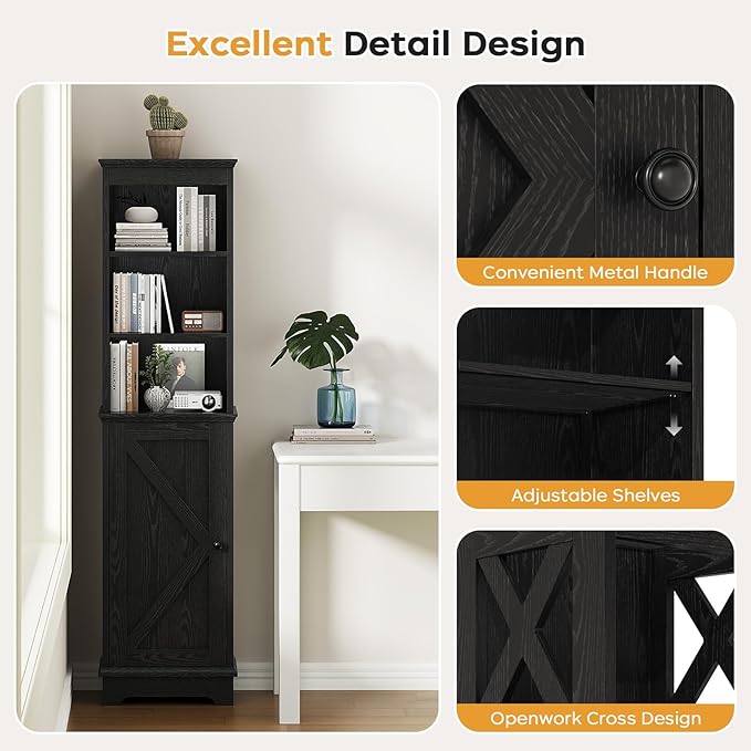 Tall Bathroom Storage Cabinet with Door and Open Adjustable Shelves, 60.9" H Wooden Tower Corner Narrow Farmhouse Cabinet, Freestanding Organizer for Kitchen, Entryway Black