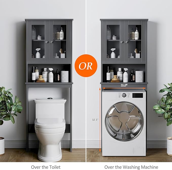 Meilocar Over The Toilet Storage Cabinet, Bathroom Storage Organizer Over Toilet with Glass Doors, Over Toilet Cabinet for Bathroom Freestanding Space Saver, Grey