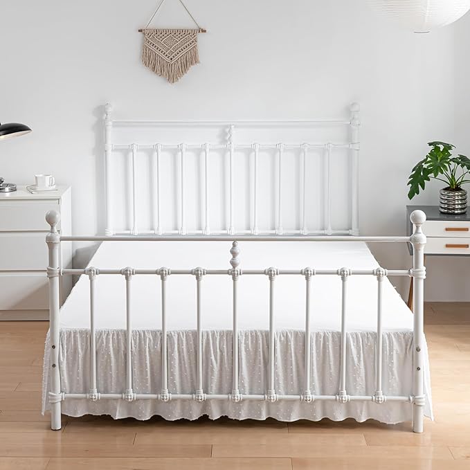 Tufted Dot Bed Skirt Full Size Ruffled Bed Skirt with Split Corners, 14 Inch Drop Dust Ruffle Bed Skirts with Platform, White