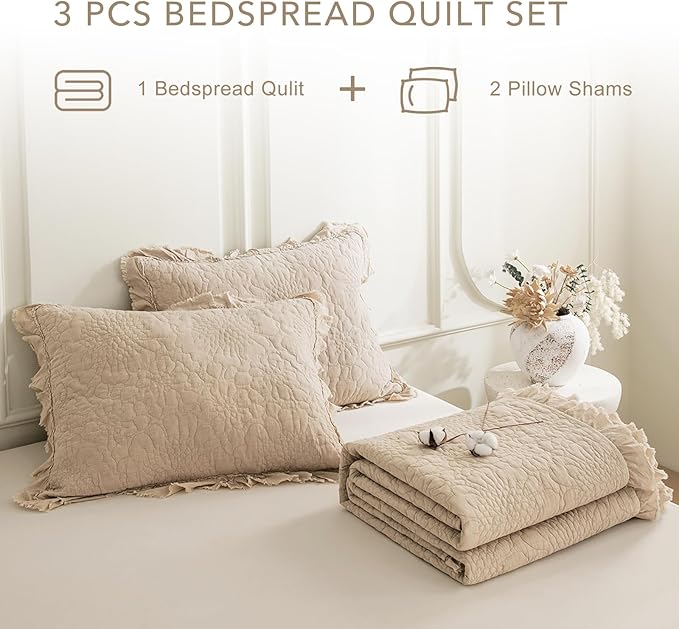QSH Dark Wheat Stonewashed Cotton Oversized King Quilt Bedspread Set(128"x120"),3PCs Farmhouse Ruffled Bedspread California King,Shabby Soft Lightweight Crinkled Quilt Coverlet Bed with Pillow Shams