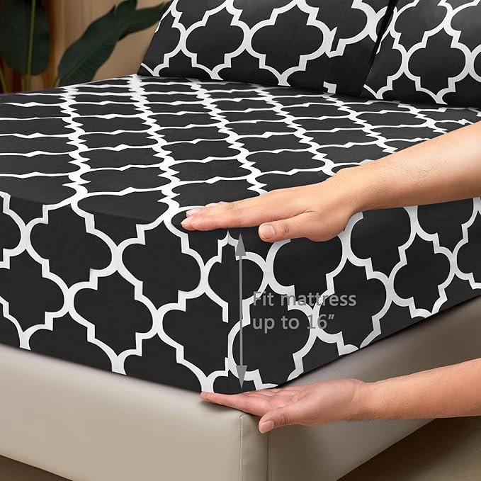 Mejoroom Queen Bed Sheet Set - Super Soft Brushed Microfiber 1800 Thread Count Queen Sheets with 16 inch Deep Pocket - Wrinkle Free - 4 Piece(Queen, Black Quatrefoil with White Pattern)