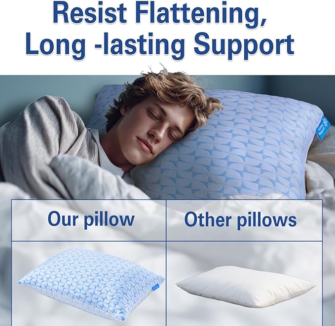 QUTOOL Cooling Firm Side Sleeper Pillow, Adjustable Shredded Memory Foam for Side Back Stomach Sleepers, Supportive Neck Support Pillow with Washable Cover, Standard Size, CertiPUR-US Certified