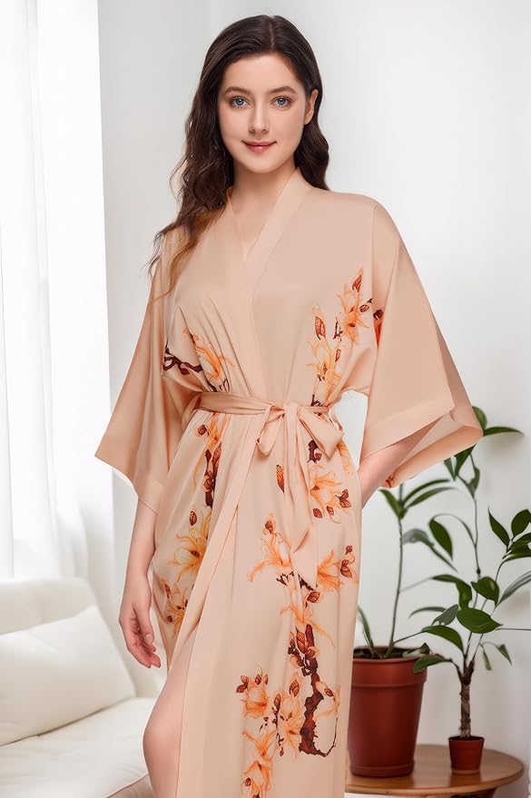 BABEYOND Kimono Robe Cover up with Box Long Floral Satin Sleepwear Silky Bathrobe Bachelorette Robe