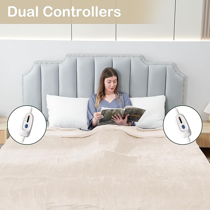 Electric Heated Blanket Queen Size 84"x90", Dual Controllers, Cozy Large Oversized, 4 Heating Levels & 10 Hours Auto Off, Cozy for Bed, Sofa, & Office, Machine Washable, White