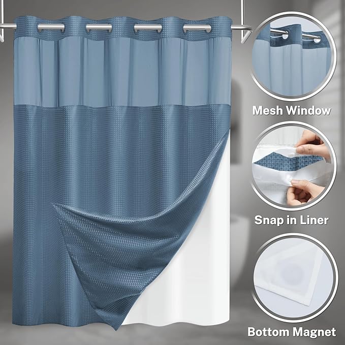 No Hook Shower Curtain with Snap in Liner Set Waffle Shower Curtain for Bathroom Hotel Style Fabric Waterproof Inner Liner，71" W x 74" H, Moonlight Blue