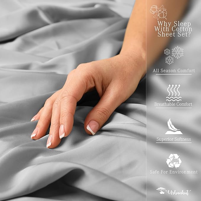 URBANHUT 100% Egyptian Cotton Sheets - 1000 Thread Count Twin Silver Grey Sheet Set (3Pc), Long Staple Cotton Sheets, All Season Sateen Weave, Luxury Hotel Twin Bedsheets,16" Deep Pocket