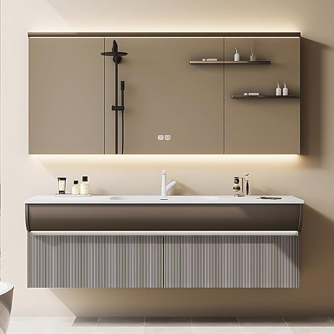 Solid Wood Bathroom Vanity Set - Wall Mounted Bathroom Cabinet with Light, Mirror with Light & Defog, Exquisite Accessories (Mirror Cabinet Style, 52'')