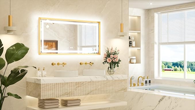 TETOTE 48 x 24 Bathroom LED Mirror Brushed Gold Metal Frame Frontlit & Backlit Vanity Mirror Stepless Dimmable Anti-Fog 3 Colors White/Warm/Natural Light up Vanity Wall-Mounted