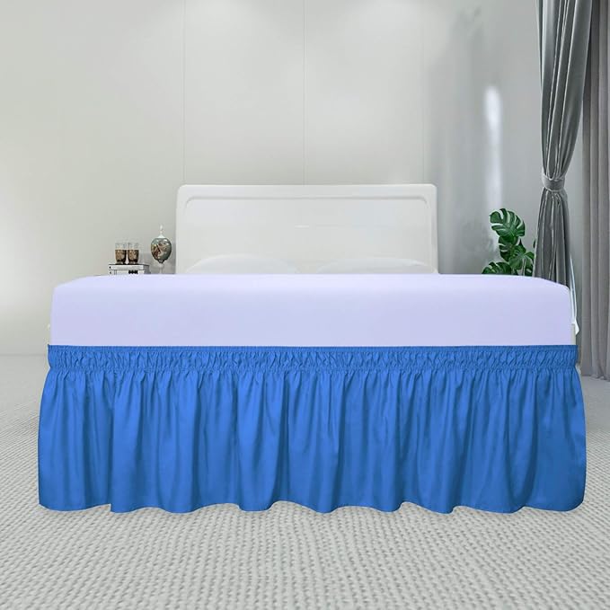 PureFit Wrap Around Ruffled Bed Skirt with Adjustable Elastic Belt - 22 Inch Drop Easy to Put On, Wrinkle Free Bedskirt Dust Ruffles, Bed Frame Cover for Queen, King and C-King Size Beds, Blue