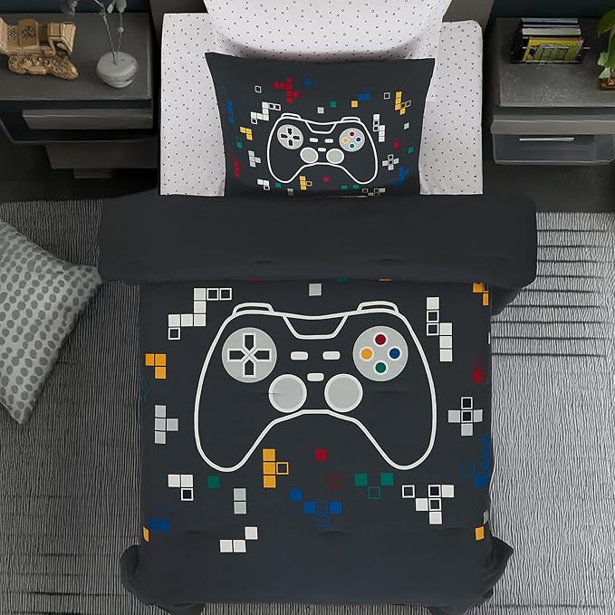 Twin Comforter Set for Boys-5 Pieces Gamer Glow in The Dark Twin Bedding Sets for Kids, Ultra Soft Bed in A Bag with Sheets
